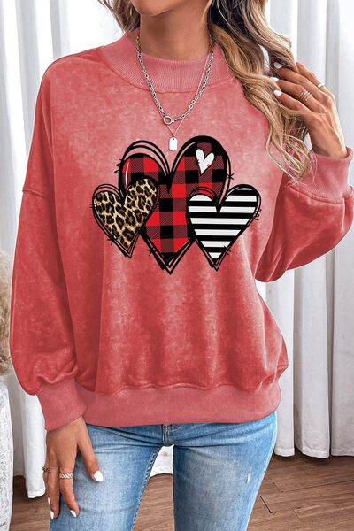 Heart Round Neck Dropped Shoulder Sweatshirt - T - 1 COLOR -