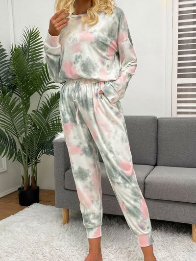 Tie-Dye Round Neck Top and Drawstring Pants Lounge Set - 2 PCS - T - 1 COLOR -