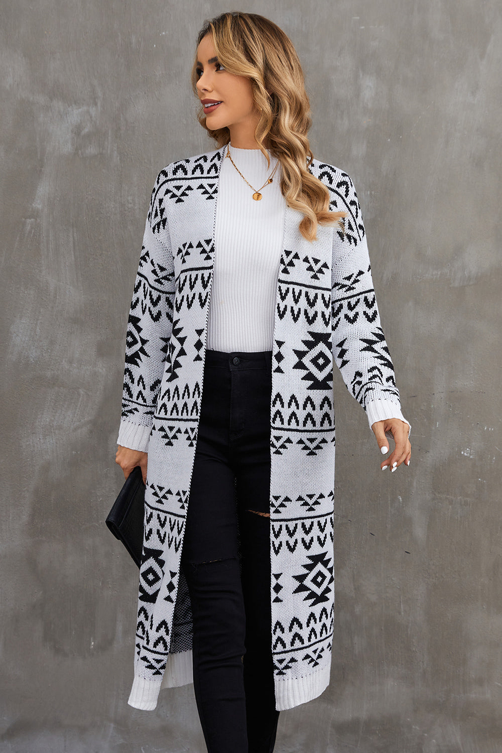 Geometric Open Front Longline Cardigan - 1 SIZE FITS ALL - T - 1 COLOR -