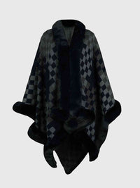 Thumbnail for Checkered Faux Fur Trim Poncho - T - 5 COLORS -