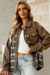 Thumbnail for Plaid Collared Denim Jacket - T - 1 COLOR -