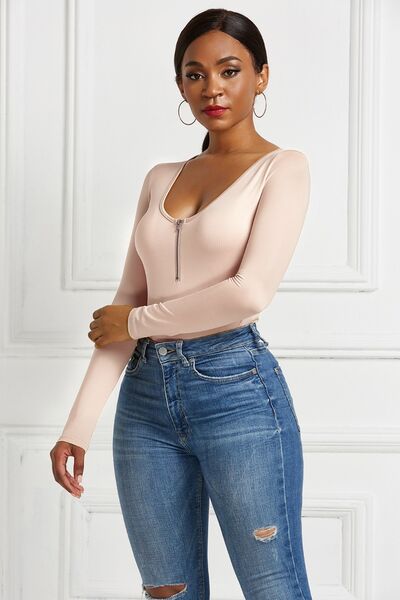 Half Zip Scoop Neck Long Sleeve Bodysuit - T - 10 COLORS -