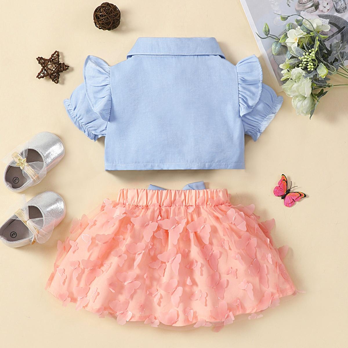 Ruffle Shoulder Shirt and Butterfly Applique Skirt Set - 2 PCS. - T - 2 COLOR COMBOS -