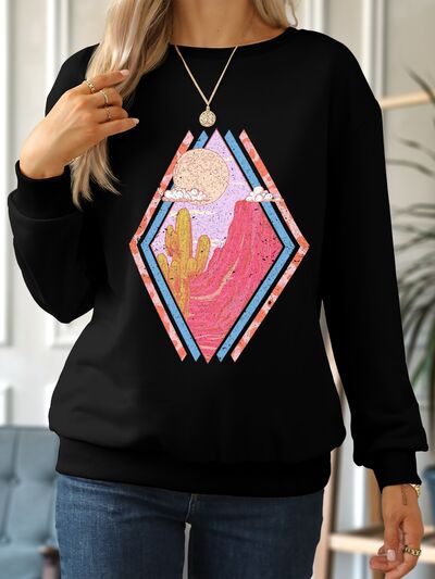 Graphic Round Neck Long Sleeve Sweatshirt - T - 2 COLORS -