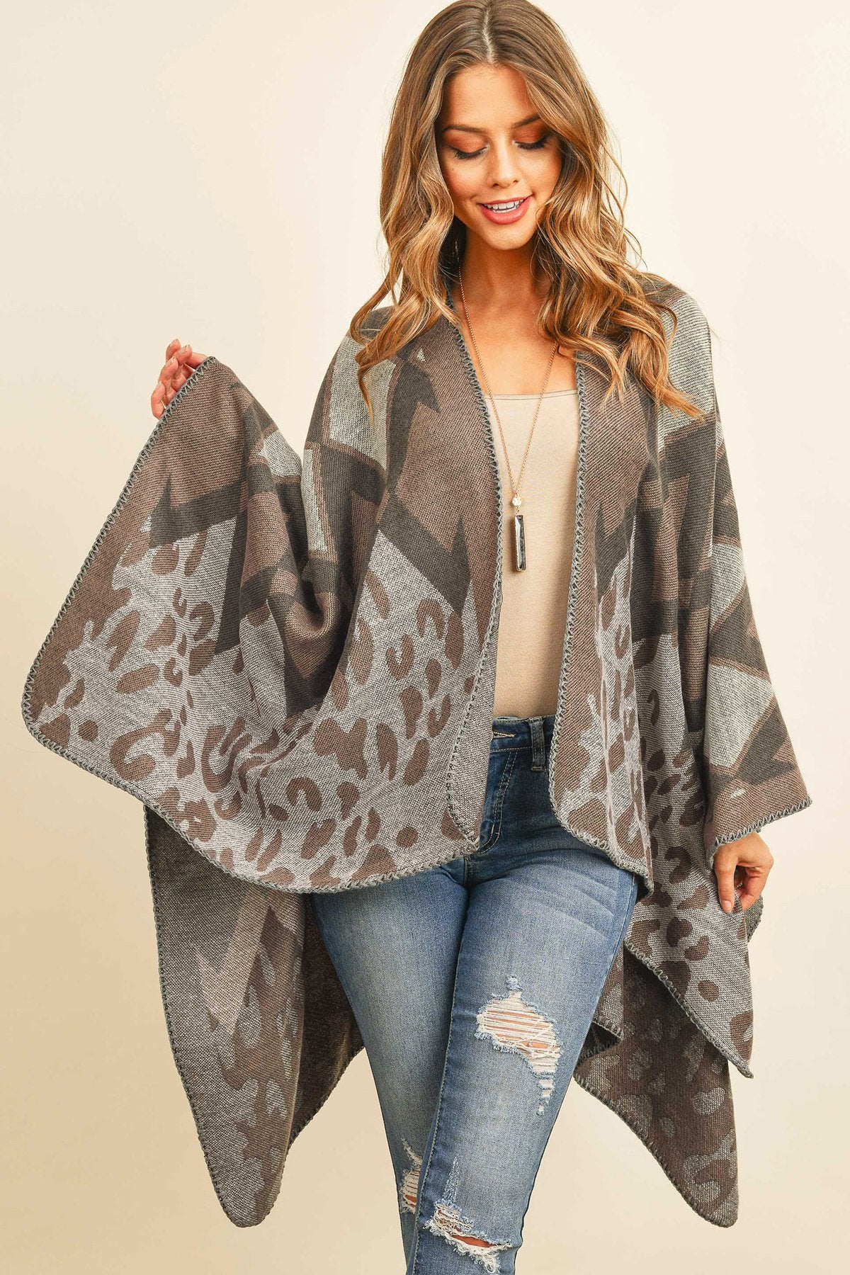 Riah Fashion - Chevron Leopard Open Front Kimono - 1 COLOR -