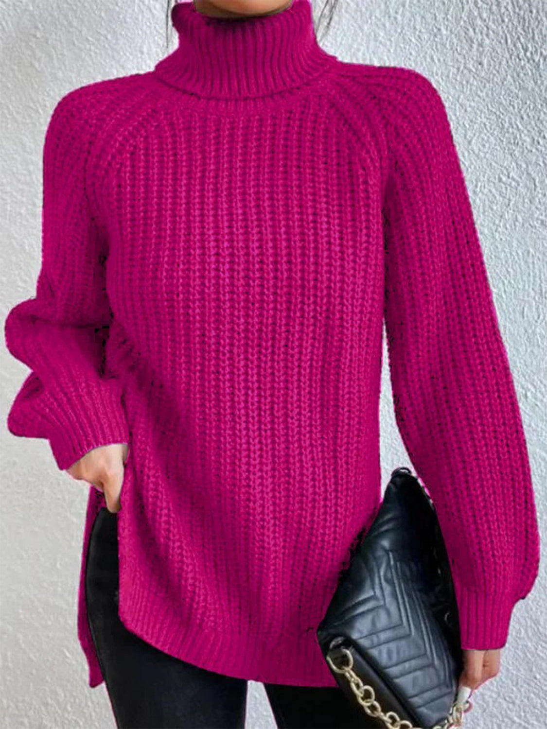 Full Size Turtleneck Rib-Knit Slit Sweater - T - 12 COLORS -