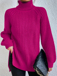 Thumbnail for Full Size Turtleneck Rib-Knit Slit Sweater - T - 12 COLORS -