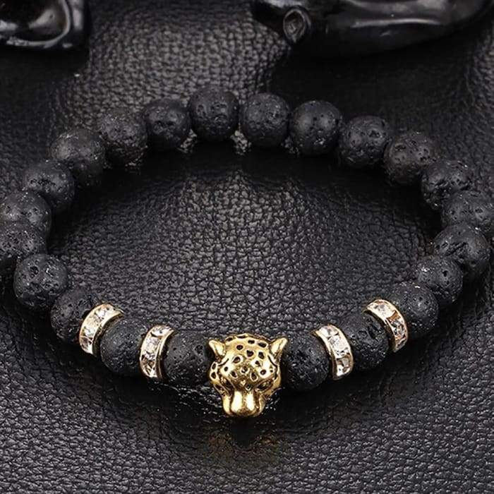 Golden Onyx Stone Leopard and Lava Stone Beads Men's Bracelet -