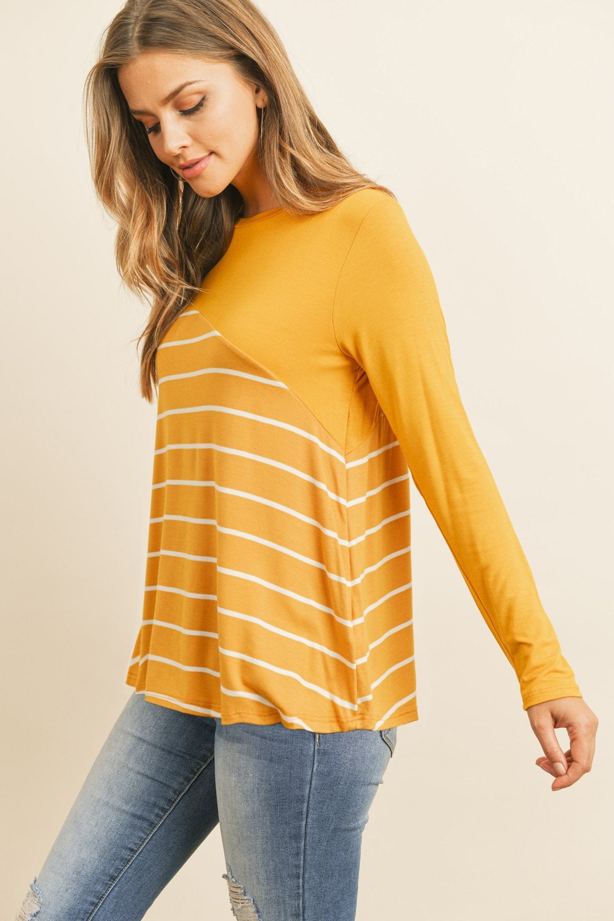 Riah Fashion - Solid Stripe Contrast Color Block Top - 4 COLORS -