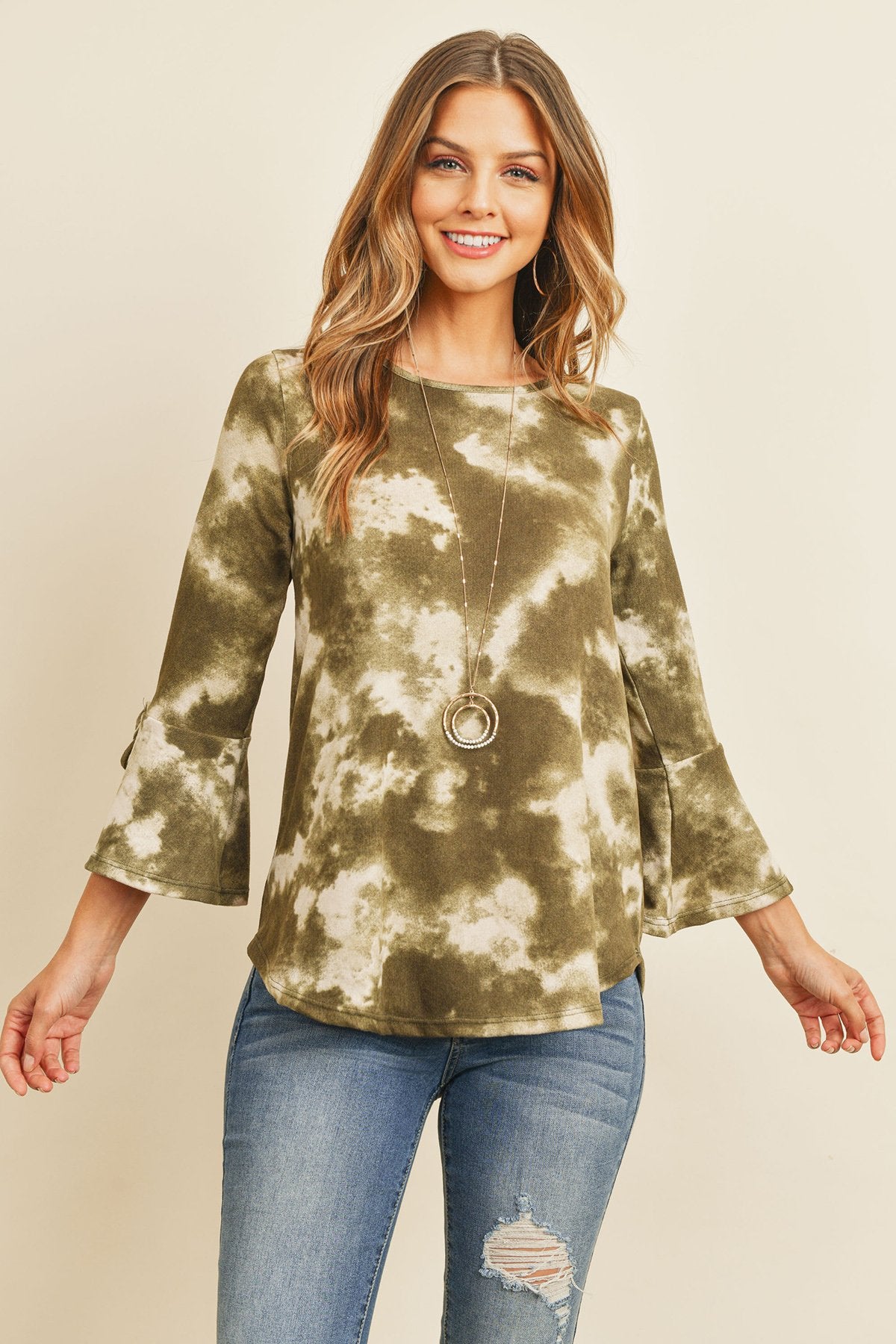 Riah Fashion - Tie Dye Bell Sleeved Ribbon Detail Swing Top - 3 COLORS -