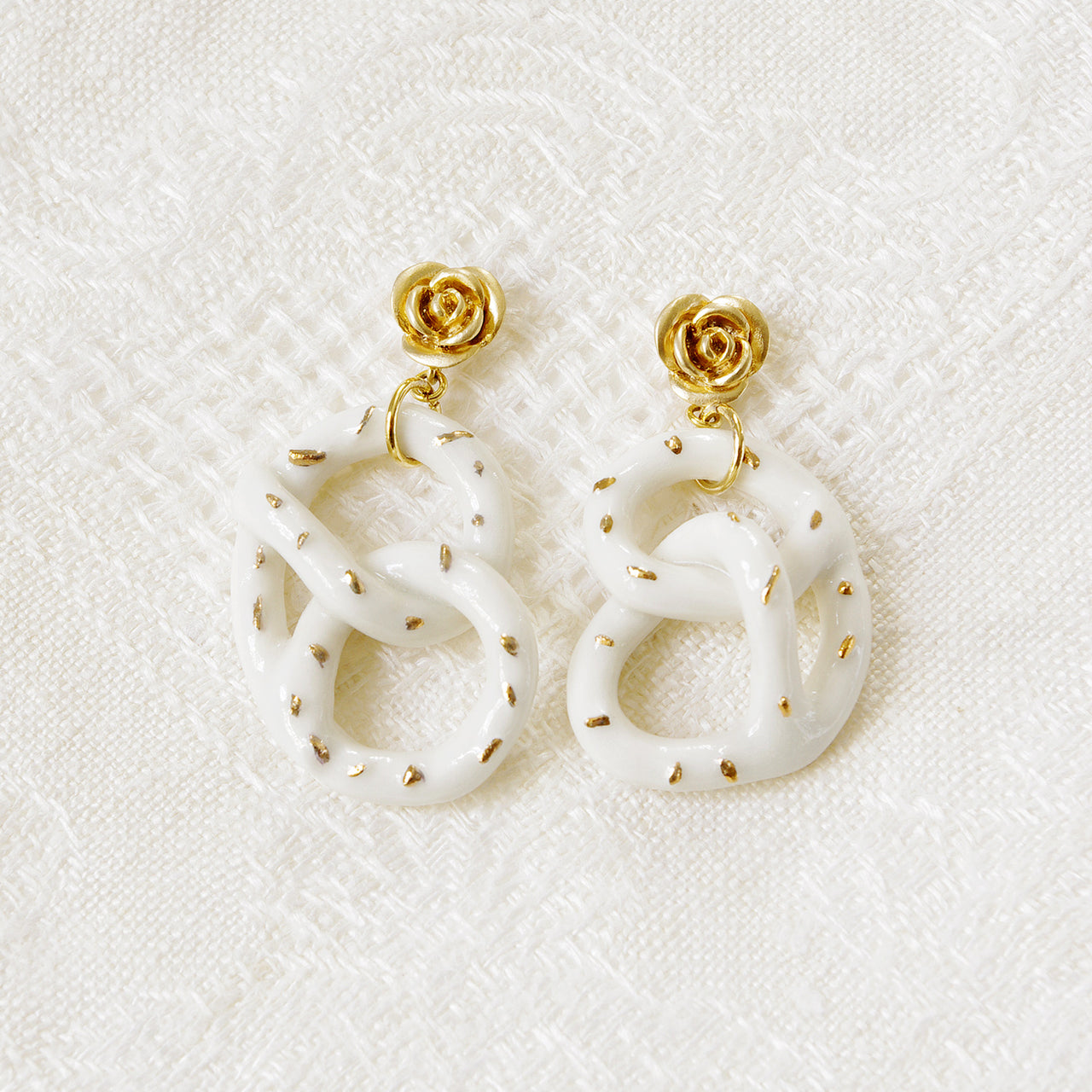 Golden Rose and Salted Porcelain Pretzel Earrings -