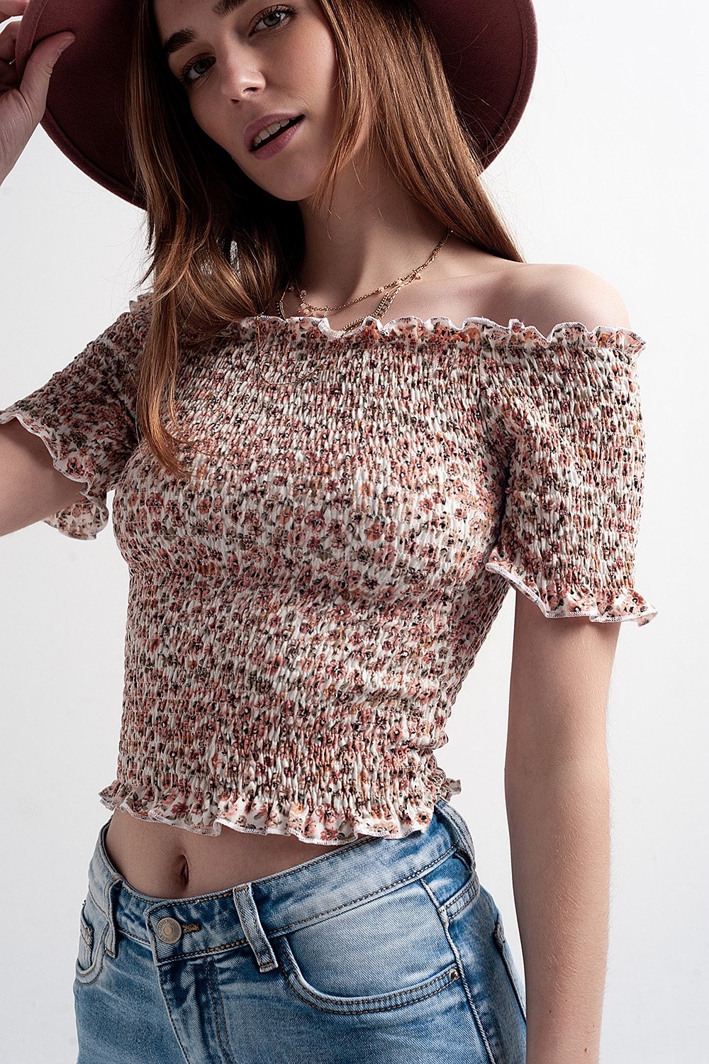 Q2 - Ruched Top in Pink Ditsy Floral - 1 COLOR -