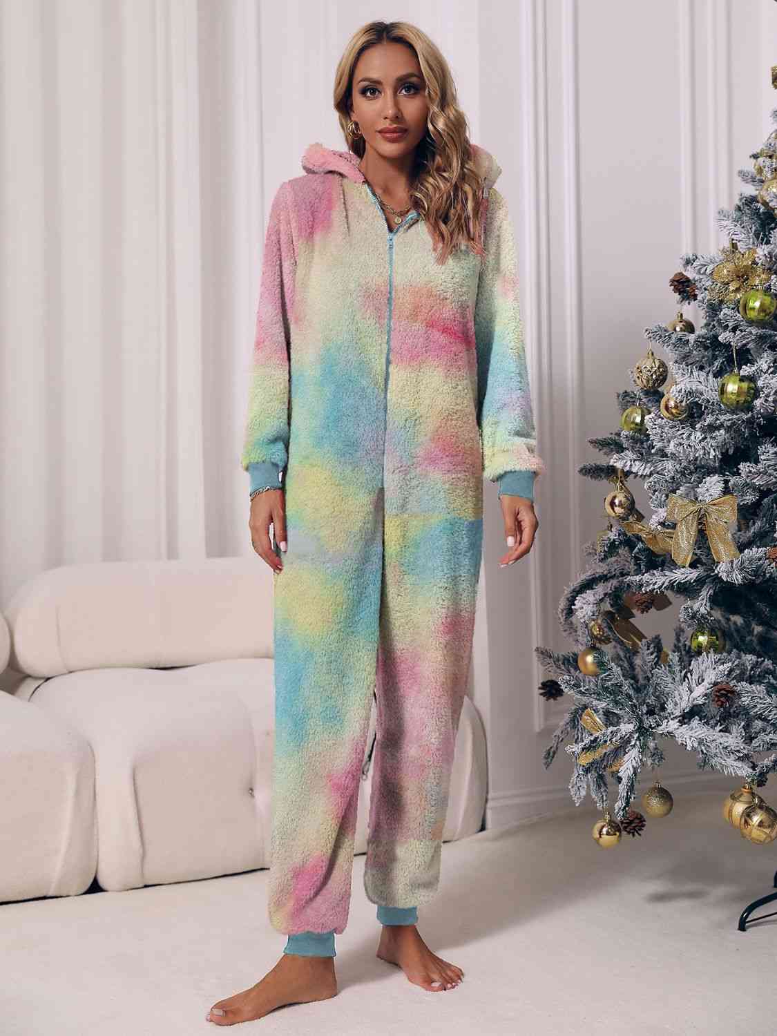 Zip Front Long Sleeve Hooded Teddy Lounge Jumpsuit - T - 1 COLOR/3 TIE DYES -