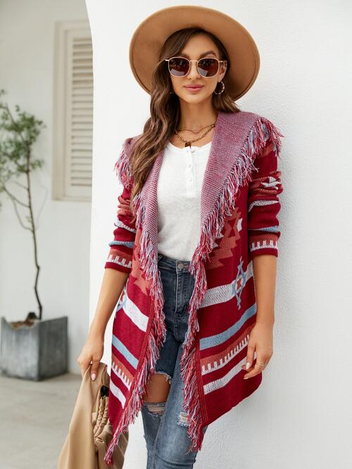 Fringe Geometric Hooded Long Sleeve Cardigan - T - 2 COLORS -