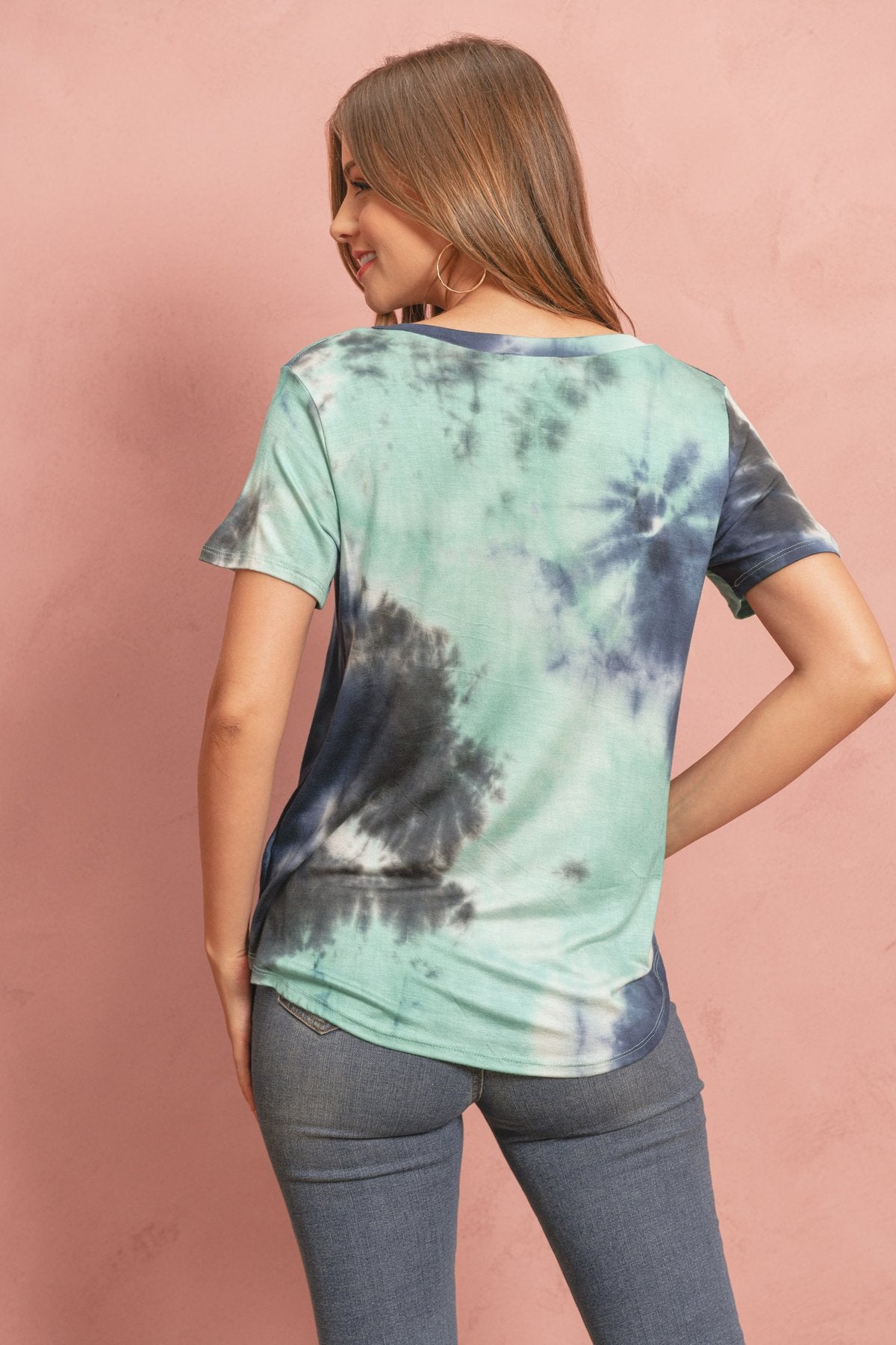 Riah Fashion - Tie Dye  V-Neck Round Hem Top - 5 COLORS -