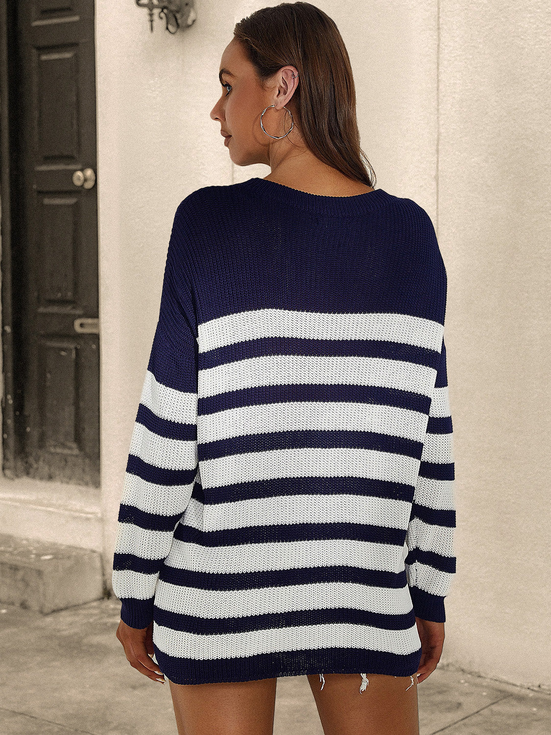 Striped Round Neck Long Sleeve Sweater - T - S,M ONLY - 1 COLOR -