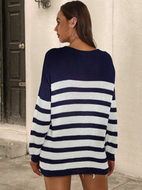 Thumbnail for Striped Round Neck Long Sleeve Sweater - T - S,M ONLY - 1 COLOR -