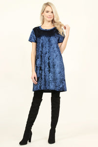 Thumbnail for Riah Fashion - Short Sleeve Crushed Velvet Tunic Dress - 11 COLORS -