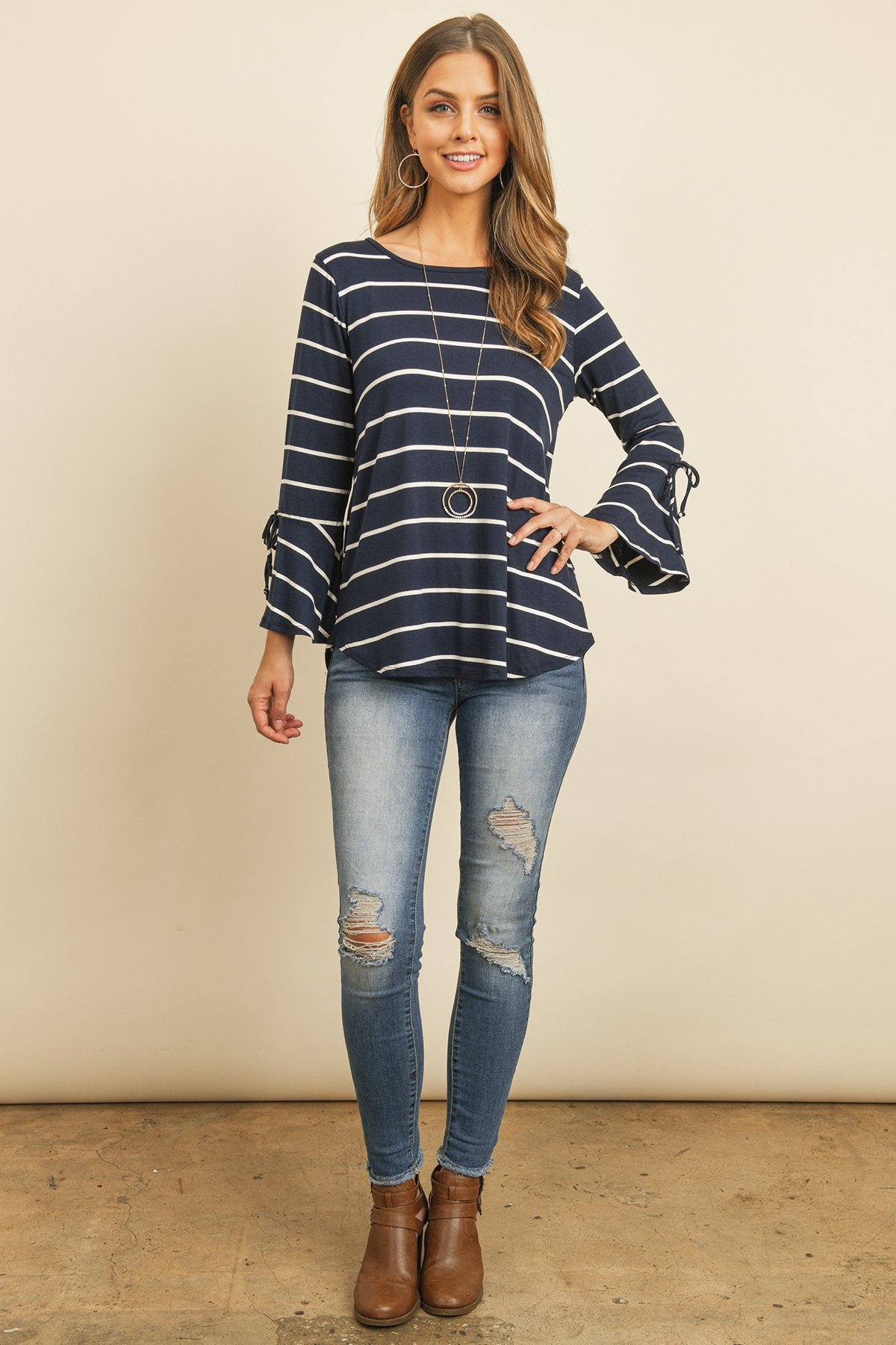 Riah Fashion - Stripe Flutter Sleeve Tie Top - 3 COLORS -