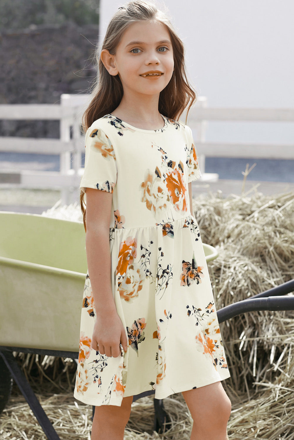 Girls Floral Short Sleeve Round Neck Dress - T - 5 SIZES - 1 COLOR -