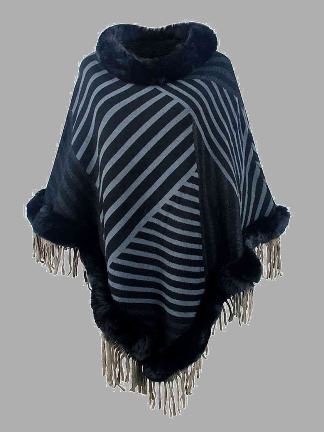 Striped Fringe Hem Poncho - T - 5 COLORS -