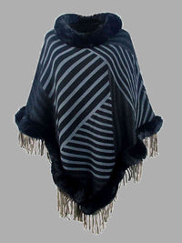 Thumbnail for Striped Fringe Hem Poncho - T - 5 COLORS -