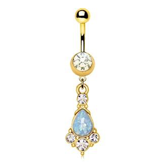 Gold Light Blue Tear Drop Synthetic Opal Dangle Navel Ring -