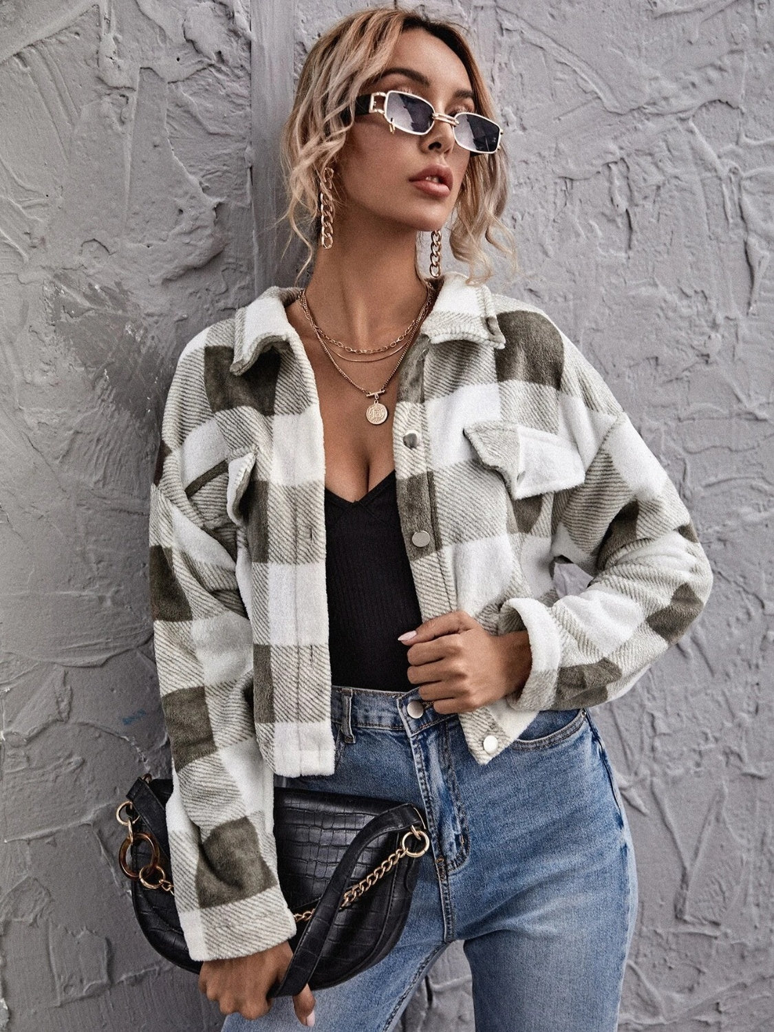 Plaid Button Down Collared Jacket - T - 4 COLORS -