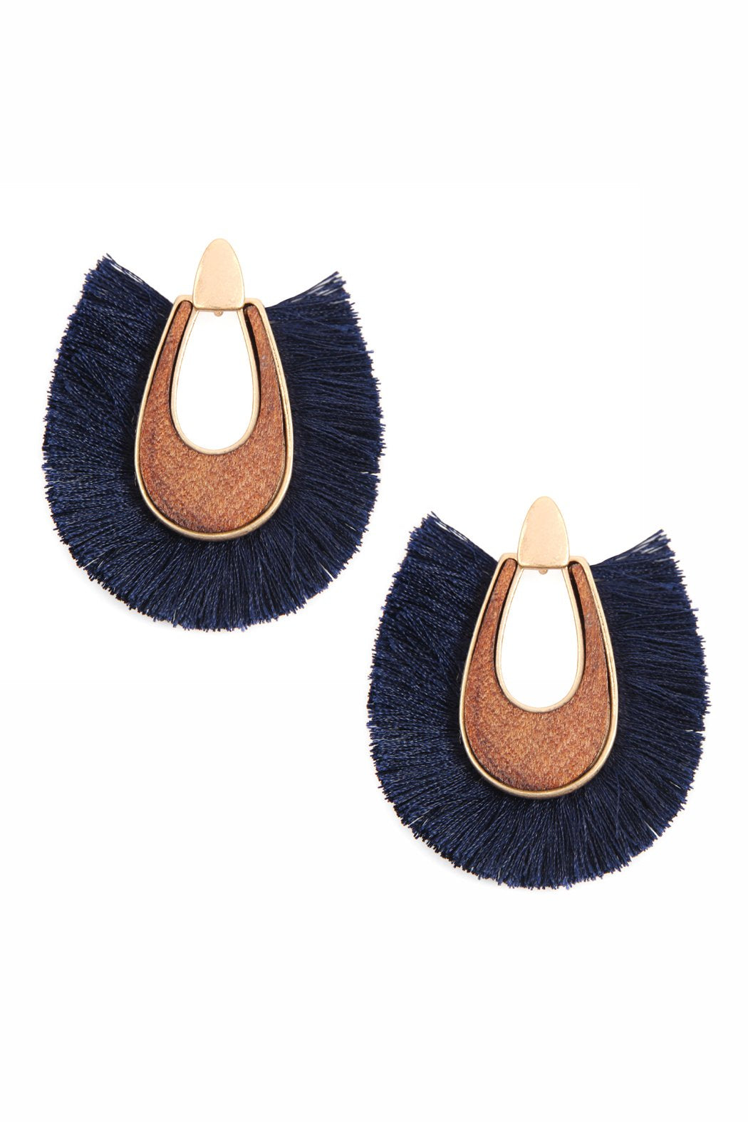 Wood With Thread Tassel Post Earrings - 11 COLORS -