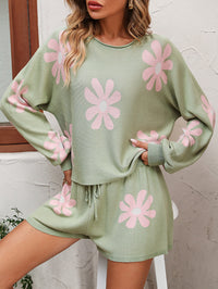 Thumbnail for Floral Print Raglan Sleeve Knit Top and Tie Front Sweater Shorts Set - K - 4 COLORS -