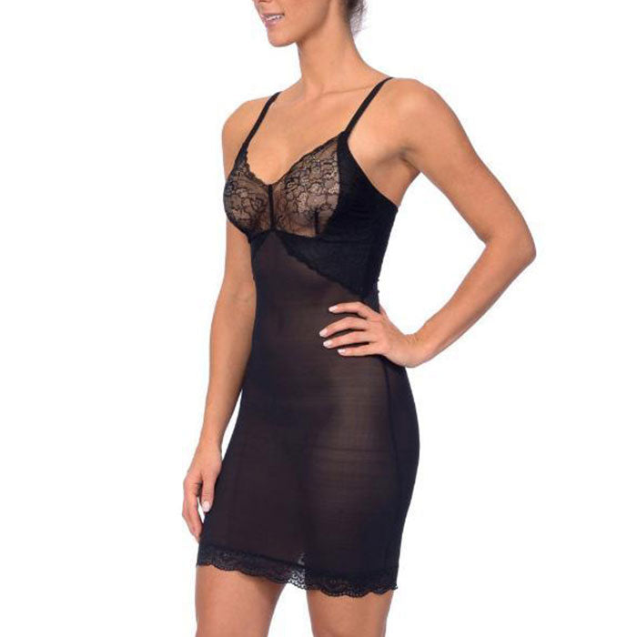 Hi Power Mesh Full Body Slip Shaper With Lace Detail at Bust Black -