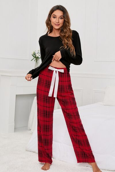 Round Neck Long Sleeve Top and Bow Plaid Pants Lounge Set - 2 PCS. - T - 3 COLORS -