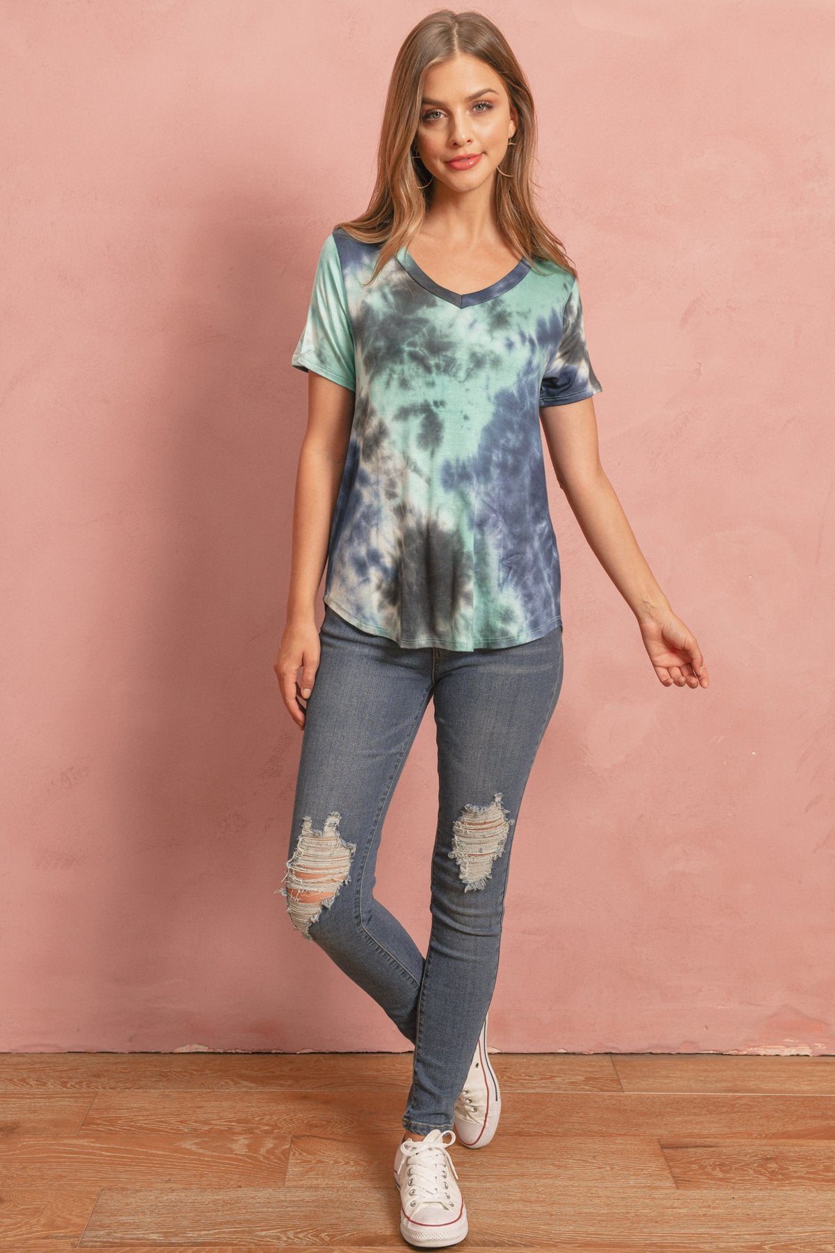 Riah Fashion - Tie Dye  V-Neck Round Hem Top - 5 COLORS -