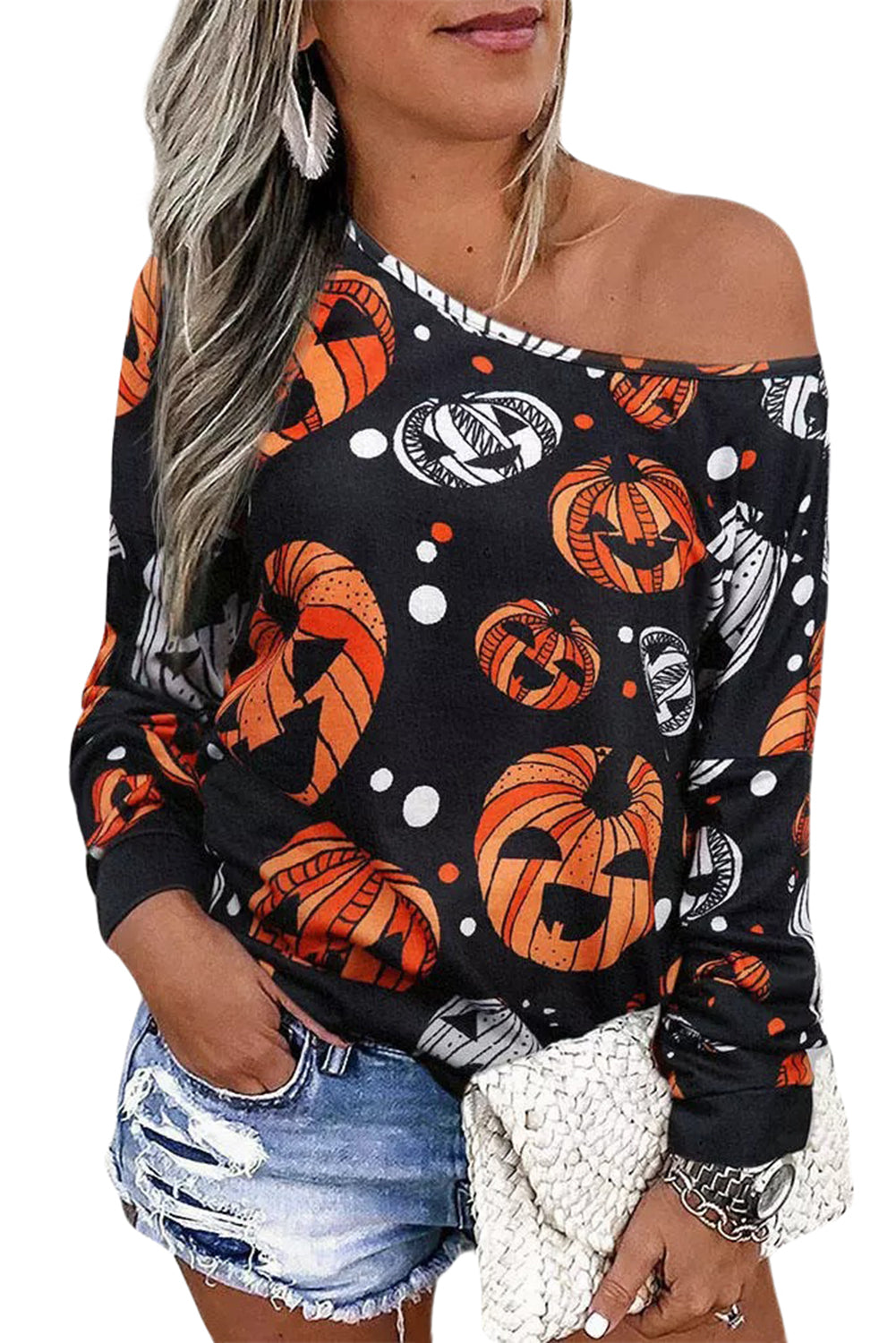 One Shoulder Jack-O'-Lantern Graphic Sweatshirt - T - 1 COLOR -