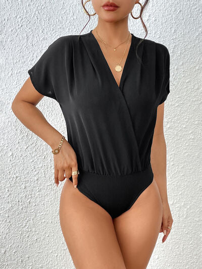 Surplice Short Sleeve Ruched Bodysuit - T - 1 COLOR -