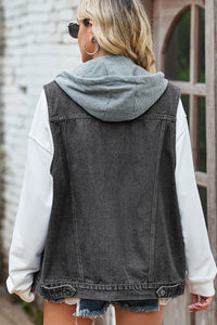 Thumbnail for Sleeveless Hooded Denim Jacket with Pockets - T - 1 COLOR -