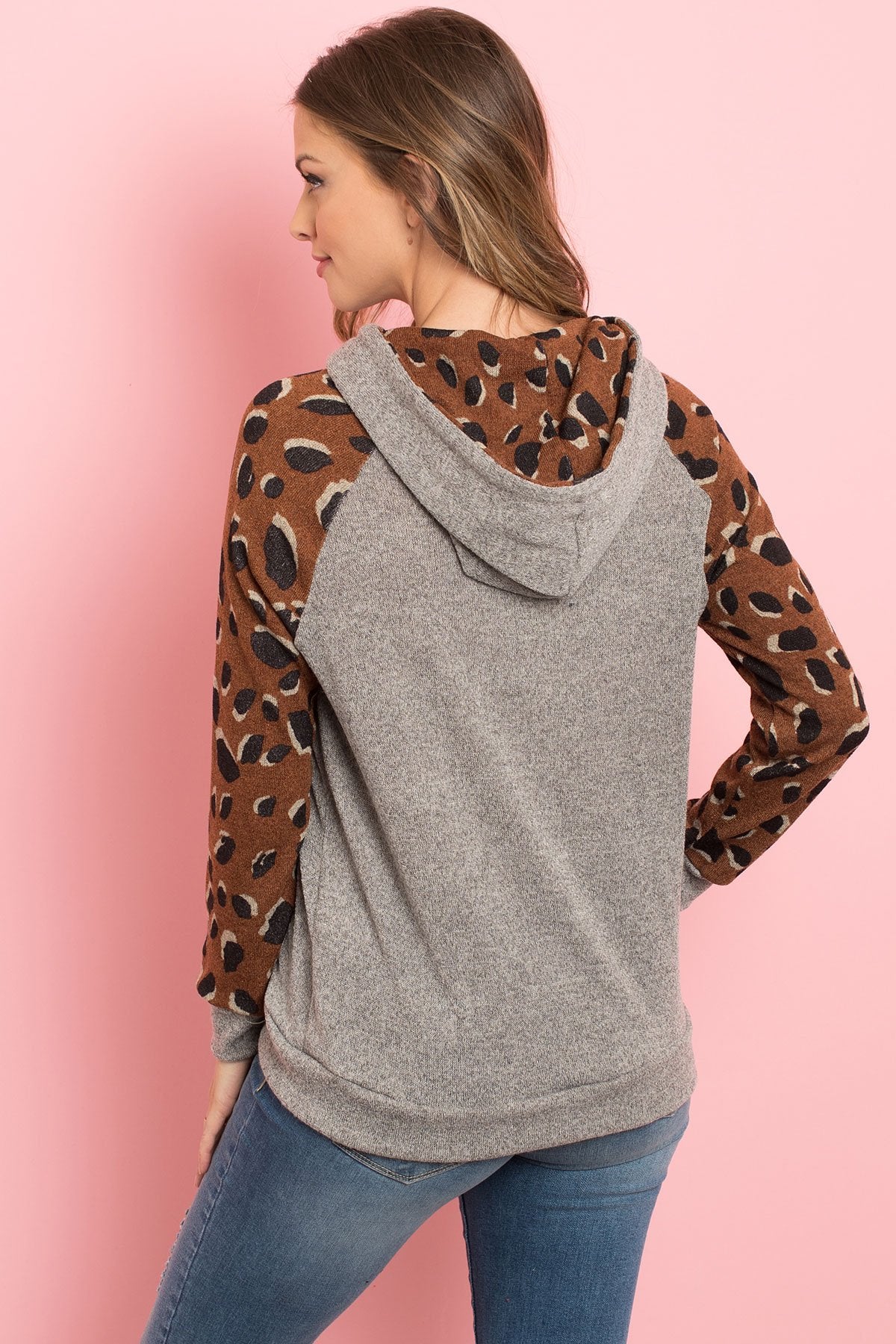 Riah Fashion - Self Tie Leopard Contrast Kangaroo Pocket Hoodie - 2 COLORS -