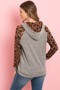 Thumbnail for Riah Fashion - Self Tie Leopard Contrast Kangaroo Pocket Hoodie - 2 COLORS -