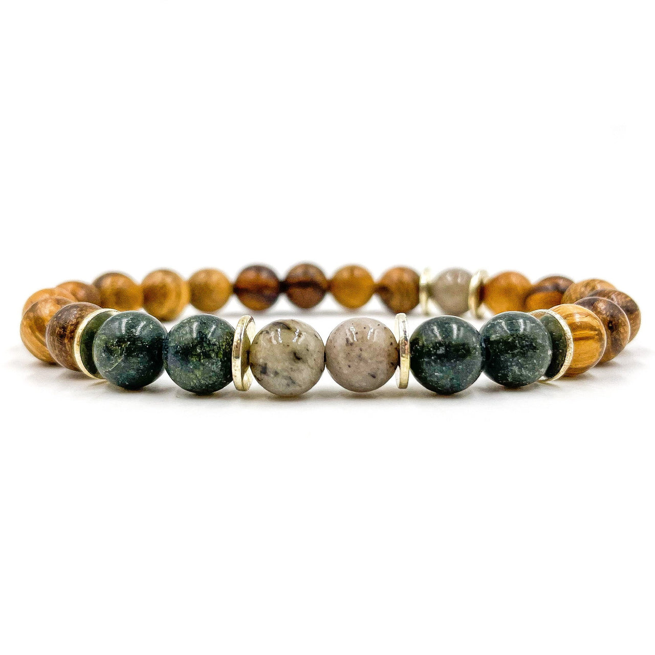 Central Premium - Gray Feldspar, Serpentine, & Sandalwood Mala Beaded Bracelet -