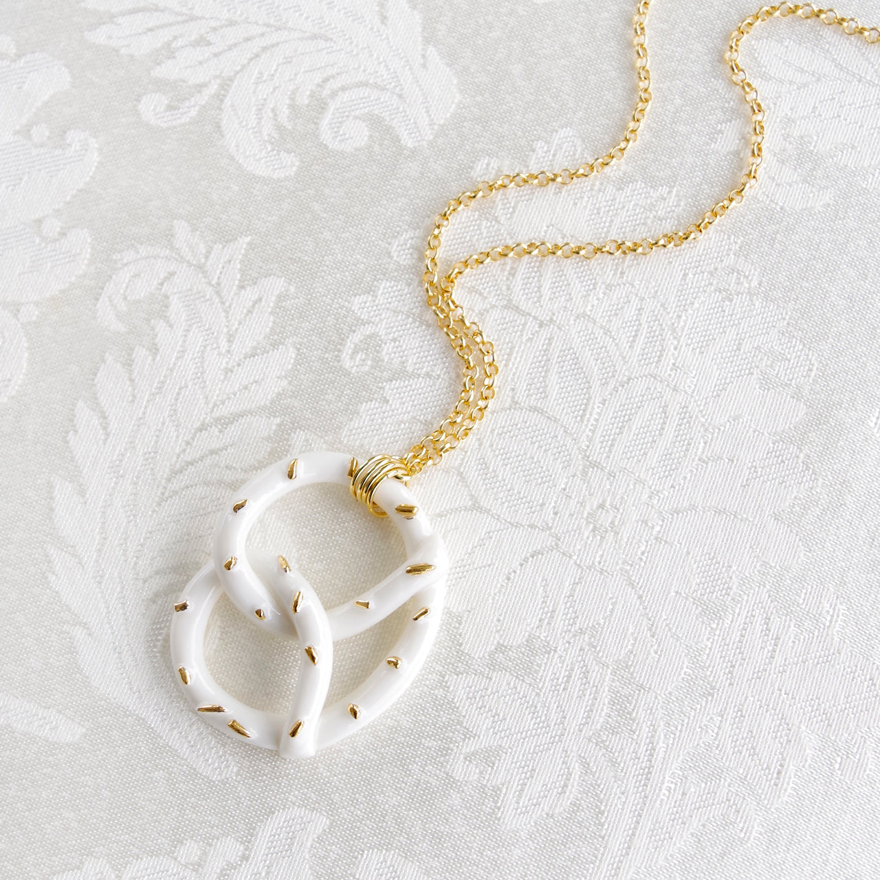 Golden Salted Porcelain Pretzel Pendant Necklace -