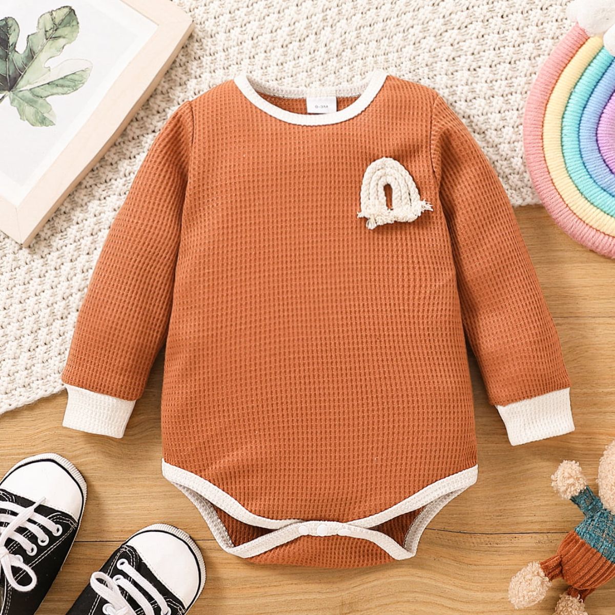 Baby Contrast Trim Waffle-Knit Long Sleeve Bodysuit - T - 5 SIZES - 2 COLORS -