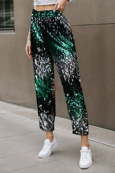 Sequin Contrast High Waist Pants - T - 3 COLORS -