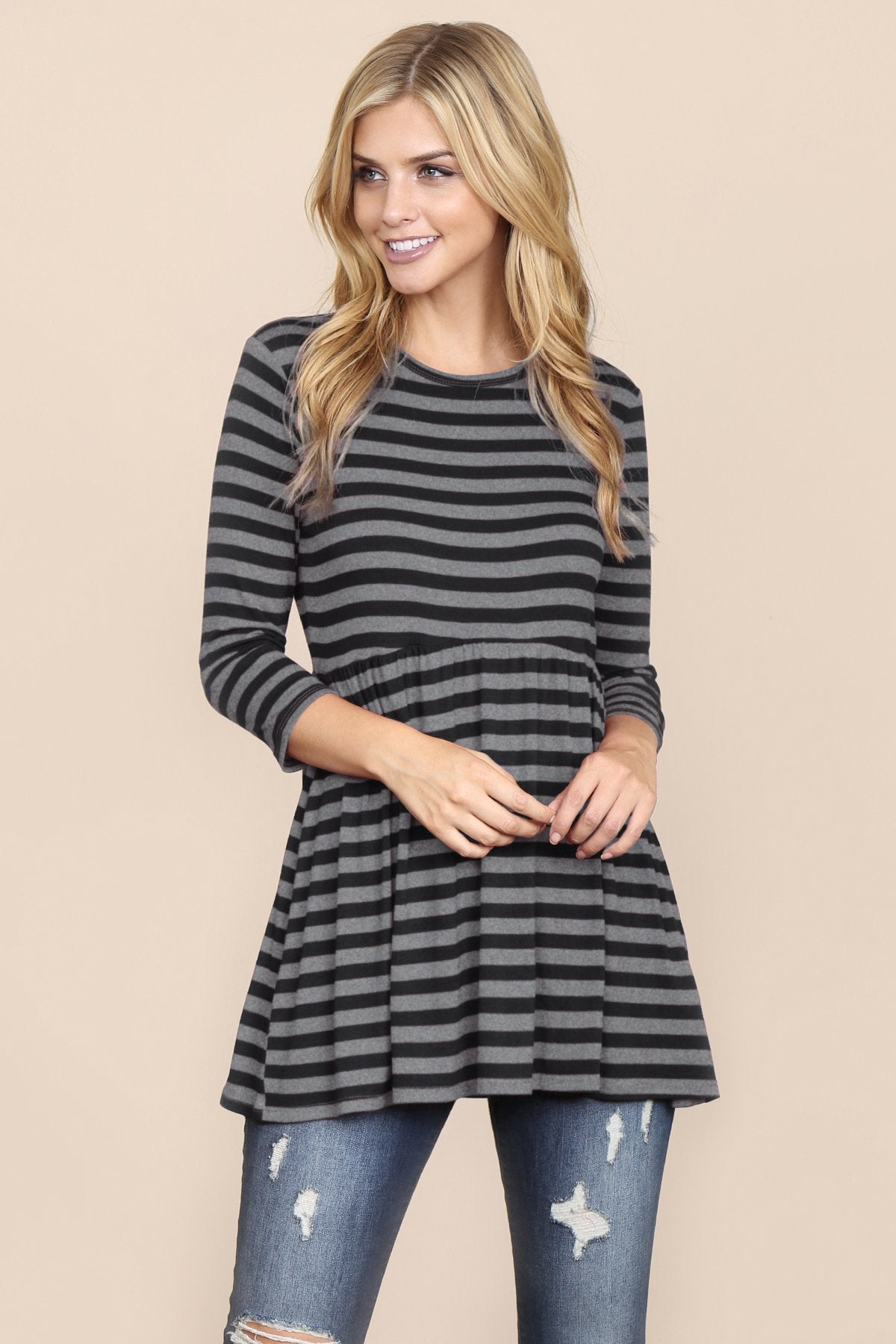 Riah Fashion - Quarter Sleeve Babydoll Striped Tunic - 7 COLORS -