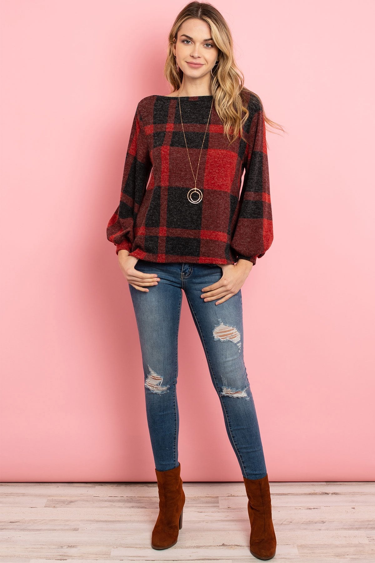 Riah Fashion - Boat Neck Puff Sleeves Plaid Top - 3 COLORS -