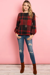 Thumbnail for Riah Fashion - Boat Neck Puff Sleeves Plaid Top - 3 COLORS -