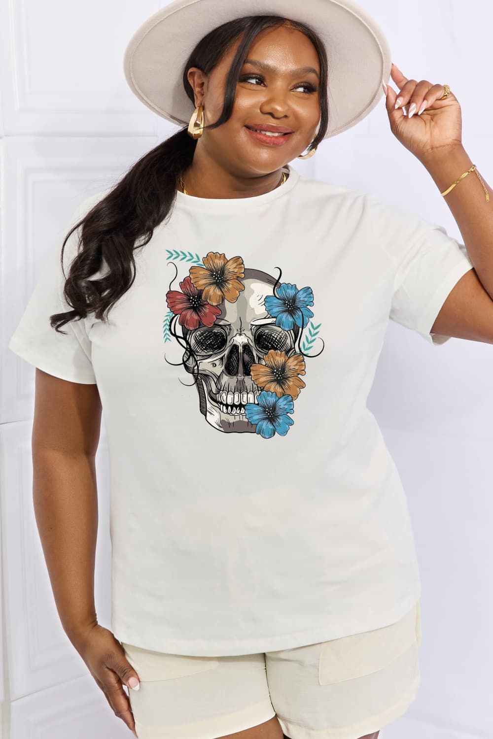 Simply Love Full Size Flower Skull Graphic Cotton Tee - T - 2 COLORS -