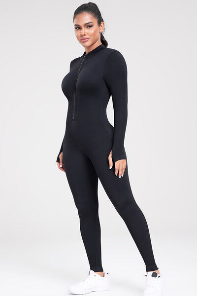 Zip Up Ribbed Long Sleeve Skinny Active Jumpsuit - T - 2 COLORS -