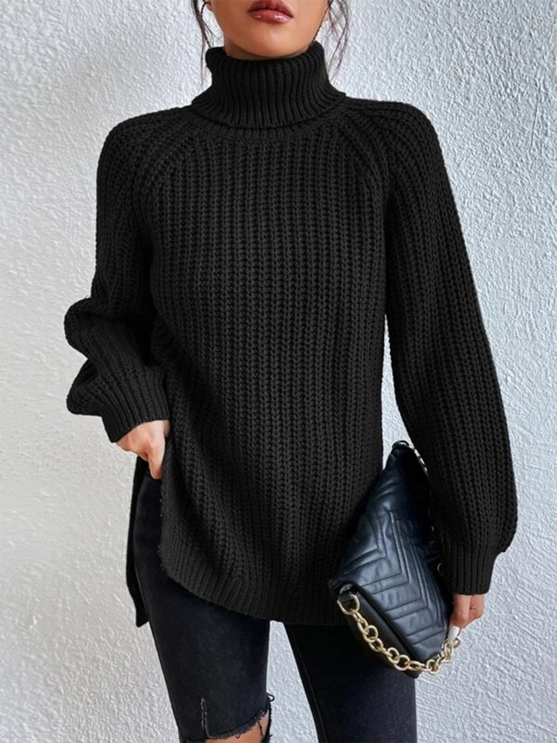 Full Size Turtleneck Rib-Knit Slit Sweater - T - 12 COLORS -