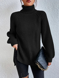 Thumbnail for Full Size Turtleneck Rib-Knit Slit Sweater - T - 12 COLORS -