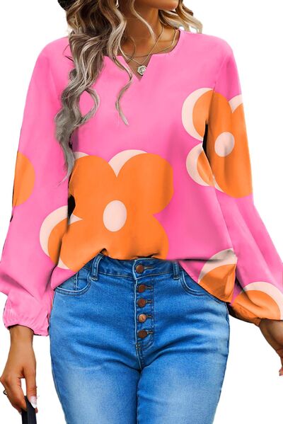 Flower Notched Balloon Sleeve Blouse - T - 1 COLOR -